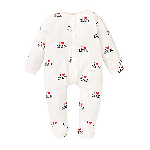 Infant Baby Casual Fall Bodysuit Girl Boy I Love Dad Mum Footies Rompers (White, 0-3 Months)