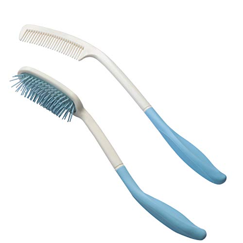 Kesywale Long Reach Handled Comb and Hair Brush Set for Elderly and Hand-Disabled People, Not Need to Lift Hand (Blue)