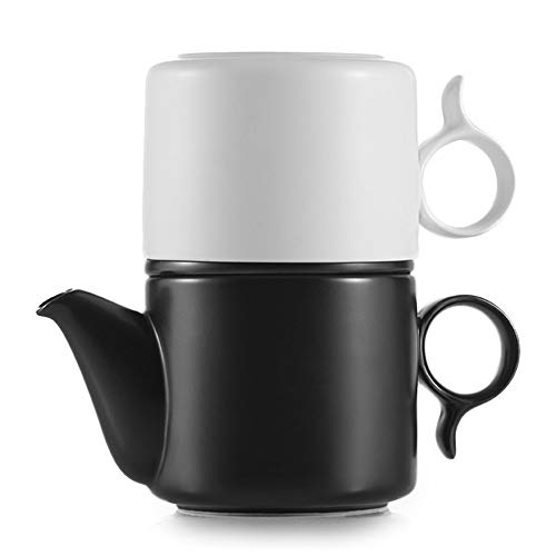 ZENS Tea for One Set, 7 Ounce Single Matte Ceramic Tea for One Teapot and Cup Set with Flat Infuser for Loose Tea,Black & White