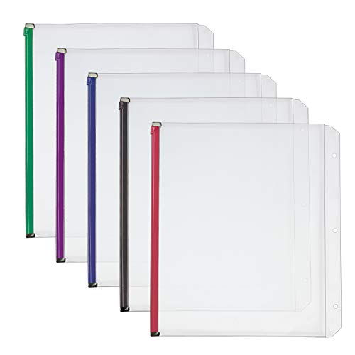 Cardinal Plastic Zippered Binder Pockets, 3-Hole Punched, Fits Full Letter Size 8-1/2' x 11' Sheets, Clear with Multicolor Zippers, 5-Pack (14650)