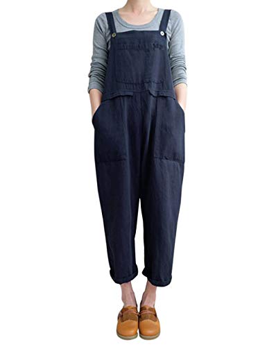 Gihuo Women's Baggy Cotton Overalls Jumpsuit with Pockets (Navy, Large)