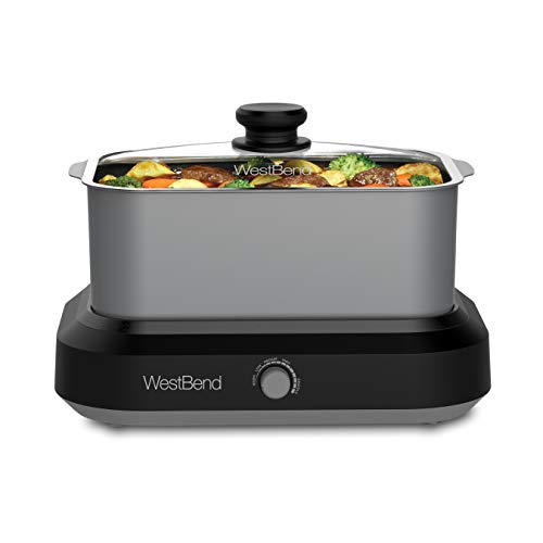 West Bend 87905 Large Capacity Non-stick Versatility Slow Cooker with 5 Different Temperature Control Settings Dishwasher Safe Includes a Travel Lid, 5-Quart, Silver