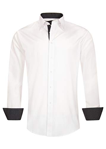 Alberto Danelli Men's Printed Shirt, Long Sleeve Button-Down, Microfiber Dress Shirt, Regular Fit, White and Black, Medium