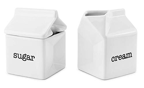 Darware Sugar and Creamer Set, Milk Carton Shaped White Ceramic Cream Jug and Sugar Bowl