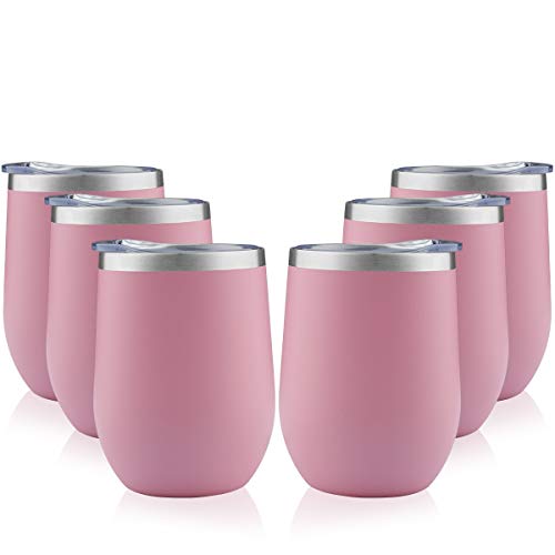 TDYDDYU 6 pack 12 OZ Stainless Steel Wine Tumbler with Lid,Wine Glass Tumbler Double Wall Vacuum Insulated Travel Tumbler Cup for Coffee, Wine, Cocktails, Ice Cream (Light pink, 6 pack)