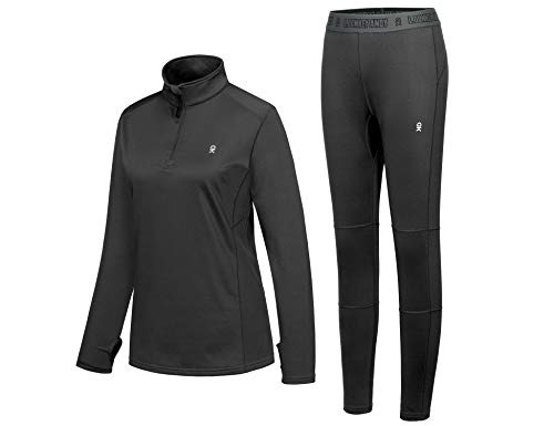 Little Donkey Andy Women's Thermal Fleece Lined Tracksuit Set Quarter Zip Wicking Lightweight Active Top & Bottom Black L