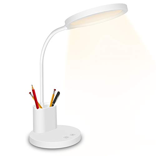 LED Desk Lamp,Golspark Touch Control Desk Lamp 3 Color Modes with Stepless Dimmable,360°Flexible Desk Lamp with USB Charging Port Pen Holder,Rechargeable White Desk Lamp for Students,Dorm Reading