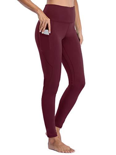 Willit Women's Fleece Lined Yoga Leggings Thermal Winter Running Workout Tights Pants High Waisted with Pockets Wine Red L