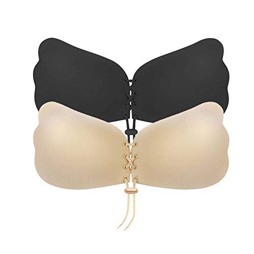 Strapless Sticky Bra Push Up, Backless Sticky Adhesive Invisible Lift Up Bra for Woman, 2 Packs Beige and Black