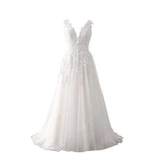 Abaowedding Women's Wedding Dress for Bride Lace Applique Evening Dress V Neck Straps Ball Gowns White US 12