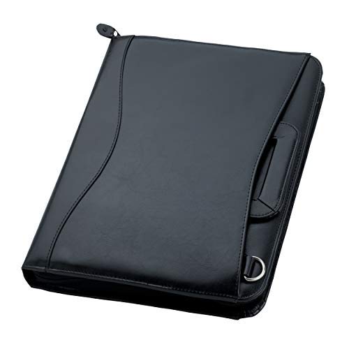 Travigo 3-Ring Shoulder Strap Business Leather Portfolio|Removable Shoulder Strap |Retractable Handles |Solar Calculator |Professional Business Folder Resume Document Organizer|Notepad Included(Black)