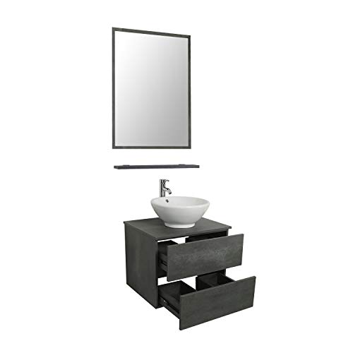 LUCKWIND Bathroom Vanity Vessel Sink Combo – Wall Mount Mirror Ceramic Porcelain Vessel Sink Faucet Drain Chrome Single Cabinet Shelf Storage Suite 2 Drawers Top MDF-Eco Wooden Modern Grey Rectangular