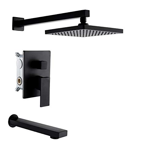 KES Bath and Shower Faucet Set Diverter Tub Spout Shower Arm and Fixed Showerhead Matte Black, XB6233-BK-KES