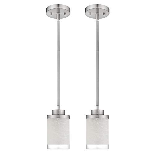 Jazava Modern Mini 1-Light Pendant, 2Pack Industrial Hanging Ceiling Light Fixture, Adjustable Length, Brushed Nickel Finish with White Linen Frosted and Clear Glass Shades