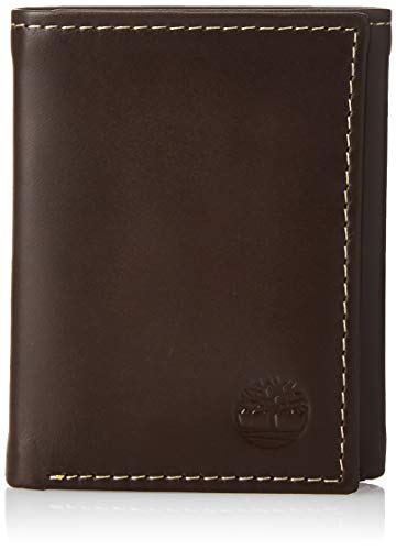 Timberland Mens Leather Trifold Wallet With ID Window, Dark Brown