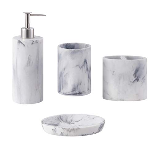 zccz Bathroom Accessory Set, 4 Pcs Marble Look Bathroom Vanity Countertop Accessory Set Bathroom Décor Accessories with Soap Dispenser, Toothbrush Holder, Bathroom Tumbler, Soap Dish