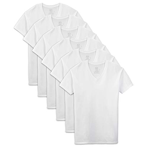 Fruit of the Loom Men's 6-Pack Stay Tucked V-Neck T-Shirt,White,Large