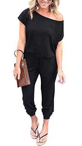 PRETTYGARDEN Women Casual Short Sleeve One Shoulder Solid Waisted Long Jumpsuit Romper Black