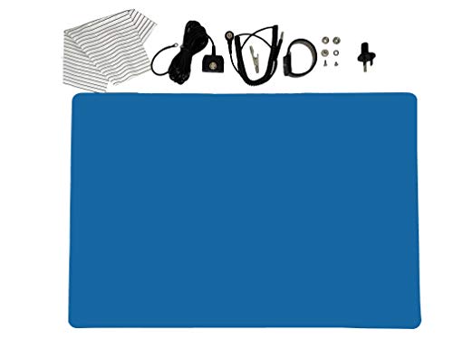 Static Care ESD High Temp Mat 16'x24'x.060', Metal ESD Wrist Strap Set, ESD Grounding Cord, Universal Snap Kit, Static Dissipative Wiper, Banana Jack Outlet Plug Adapter - Blue