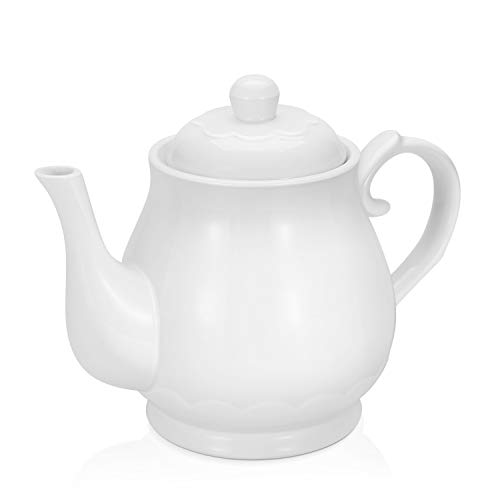 Flexzion Porcelain Teapot, Ceramic Tea Pot w/Removable Lid, Beverage Serveware Set for 2-3 Tea Cups, Coffee Mugs, Modern English Classic Style, Microwave Oven & Dishwasher Safe - 22 Ounce, Pure White