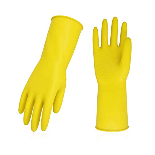 Vgo 10-Pairs Reusable Household Gloves, Rubber Dishwashing Gloves, Extra Thickness, Long Sleeves, Kitchen Cleaning, Working, Painting, Gardening, Pet Care (Size S, Yellow, HH4601)