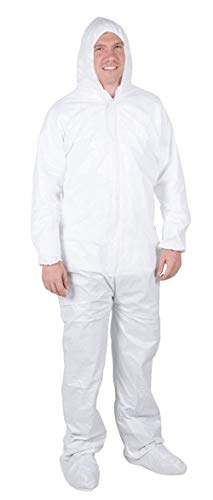 AMZ Protection Coverall. Adult Disposable Coverall 100% Virgin Polypropylene Large Size White Fabric Apparel with Attached Hood, Attached Boots, Zipper Front Entry and Elastic Wrists.