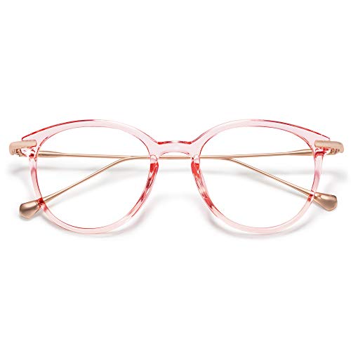 SOJOS Classic Round Blue Light Blocking Glasses Eyewear TR90 Frame AEON SJ5075 with Crystal Pink Frame/Anti-Blue Light Lens