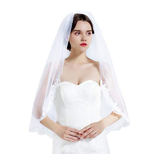 Wedding Bridal Veil with Comb 1 Tier Lace Applique Edge Fingertip Length 36' White