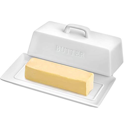 PriorityChef Butter Dish with Lid - Deluxe Butter Keeper For Counter Makes Spreading Effortless - No-Slip Lid with Handle - Holds 1 Standard Stick - Polished Ceramic Butter Holder in White