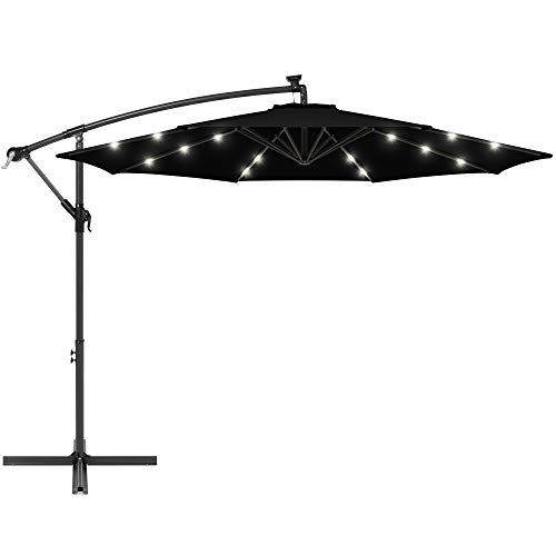 Best Choice Products 10ft Solar LED Offset Hanging Market Patio Umbrella for Backyard, Poolside, Lawn and Garden w/Easy Tilt Adjustment, Polyester Shade, 8 Ribs - Black