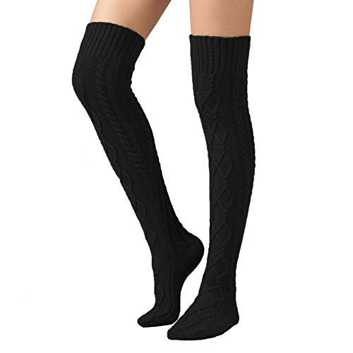 SherryDC Women's Cable Knit Boot Stockings Extra Long Thigh High Leg Warmers Winter Floor Socks Black