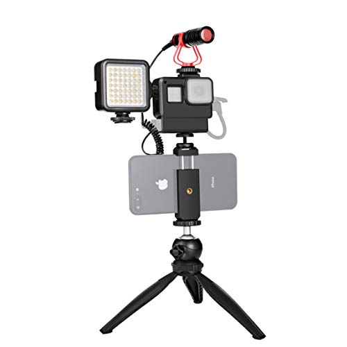 GoPro Housing Case with Microphone, LED Light, Phone Holder, Tripod for Gopro Hero 5 6 7 Vlog, Live Stream, YouTube, Asmr Audio Video Accessories Kit