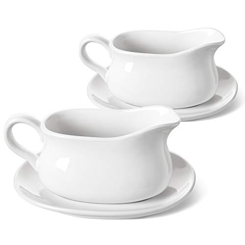 LE TAUCI 17OZ Ceramic Gravy Boat with Saucer Stand, 2 pcs - Sauce Boat with Tray for Salad Dressings, Milk, Broth, Creamer, Black Garlic, White