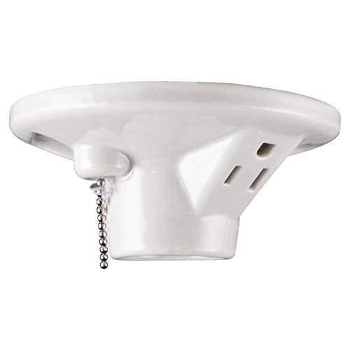 GE Porcelain Lampholder, Grounded with Pull Chain, White 18305