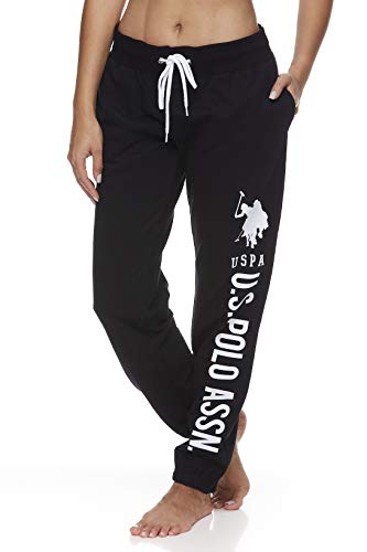 U.S. Polo Assn. Essentials Womens Sweatpants Joggers French Terry Sleep Lounge and Pajama Pants with Pockets Black with White Print 2 Medium