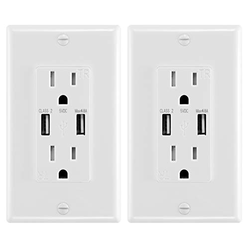 ANTEER 4.8A USB Wall Outlet Fast Charge - Dual High-Speed Charger Electrical Outlets - ETL Listed Duplex 15A Tamper Resistant Socket USB Outlets Receptacle - Wall Plate Included (White,2-Pack)