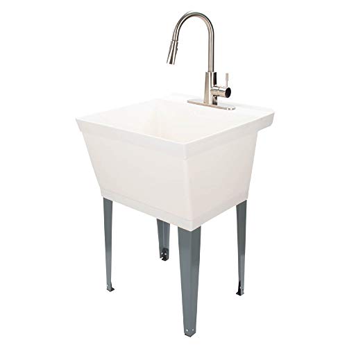 JS Jackson Supplies White Utility Sink Laundry Tub with High Arc Stainless Steel Kitchen Faucet, Pull Down Sprayer Spout, Heavy Duty Slop Sinks for Basement, Garage, or Shop Free Standing Wash Station