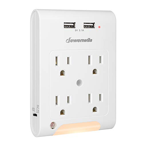 DEWENWILS Multi Outlet Adapter with 2 USB Charging Ports (3.1A total), Light Sensor LED Night Light, 4 Outlets Wall Plug Extender for Travel/Home, 1080 Joules Surge Protector, ETL Listed, White