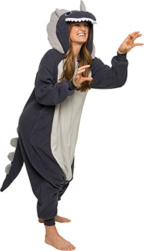 Silver Lilly Triceratops Costume Pajamas - Unisex Adult One Piece Halloween Dinosaur Jumpsuit (Grey, Large)