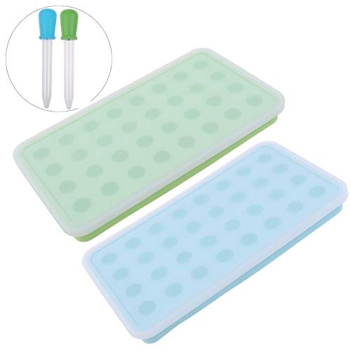 Ice Cube Trays Silicone Mold, Mini Sphere Ball Square Ice Tray with Lid Reusable and BPA Free Easy-Release Silicone 32 Ice Cube Mold With 2 Dropper (round ice-blue+green)