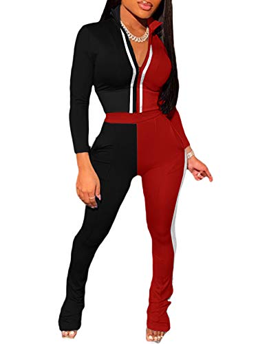 Bornpom Womens Patchwork 2 Pieces Jumpsuits Long Sleeve Zip Up Top Skinny Pants Tracksuits Black-Red XL