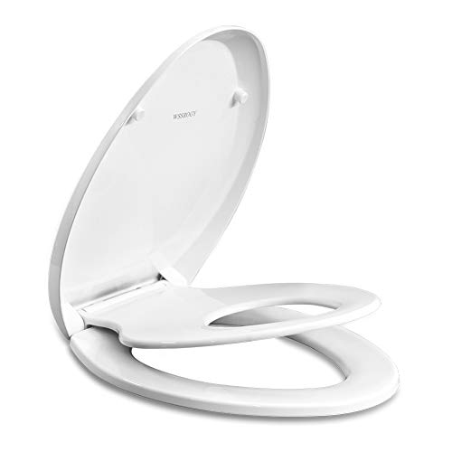 Elongated Toilet Seats with Built in Potty Training Seat, Magnetic Kids Seat and Cover, Slow Close, Fits both Adult and Child, Plastic, White