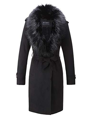 Bellivera Women's Faux Suede Long Jacket，Lapel Outwear Trench Coat Cardigan with Detachable Faux Fur Collar Black Medium