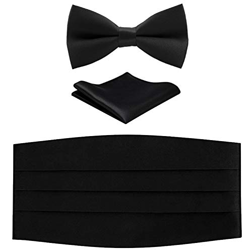 Men's Satin Cummerbund, Bow Tie and Pocket Square set for Tuxedo - Black