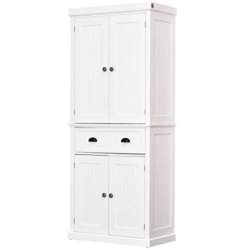 HOMCOM 72' Traditional Colonial Kitchen Pantry Cabinet with 2 Large Storage Areas, Drawer, and Adjustable Shelves, White