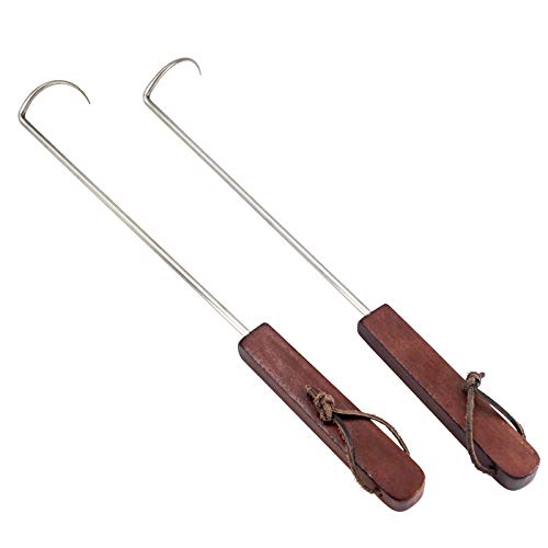 Nonley Food Flipper Hooks, Stainless Steel BBQ Meat Turner Hook with Wooden Handle,Best Grill Accessories for Grilling & Smoking(2 PCS)