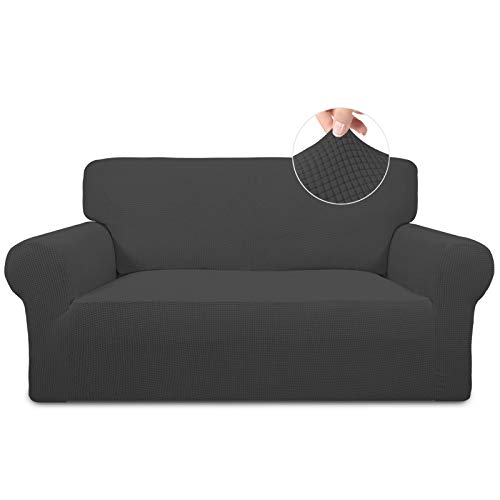 Easy-Going Stretch Loveseat Slipcover 1-Piece Couch Sofa Cover Furniture Protector Soft with Elastic Bottom for Kids. Spandex Jacquard Fabric Small Checks(loveseat,Dark Gray)