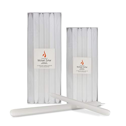 Michael Zohar Candles - 12 Pack Unscented, Hand Dipped Taper Candle - Dripless Clean Burn - 8 Hour Burn Time - Ideal for Weddings, Dinners, Restaurants, Florists and Decor (White, 10 Inch)