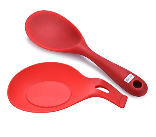 Silicone Rice Paddle with Holder Set of 2, KSENDALO Premium Rice Potato Food Service Spoon, Non-stick/Eco-friendly/Heat-resistant, Works for Rice/Mashed Potato or more, Size: 8.86x2.68', Red