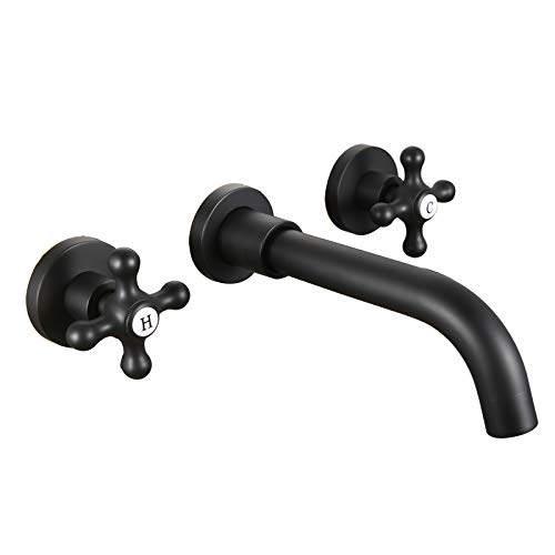 TINAGO Wall Mounted Bathroom Vanity Sink/Bathtub Faucets Cross Handles Mixer Valve and Spout Set-Matte Black